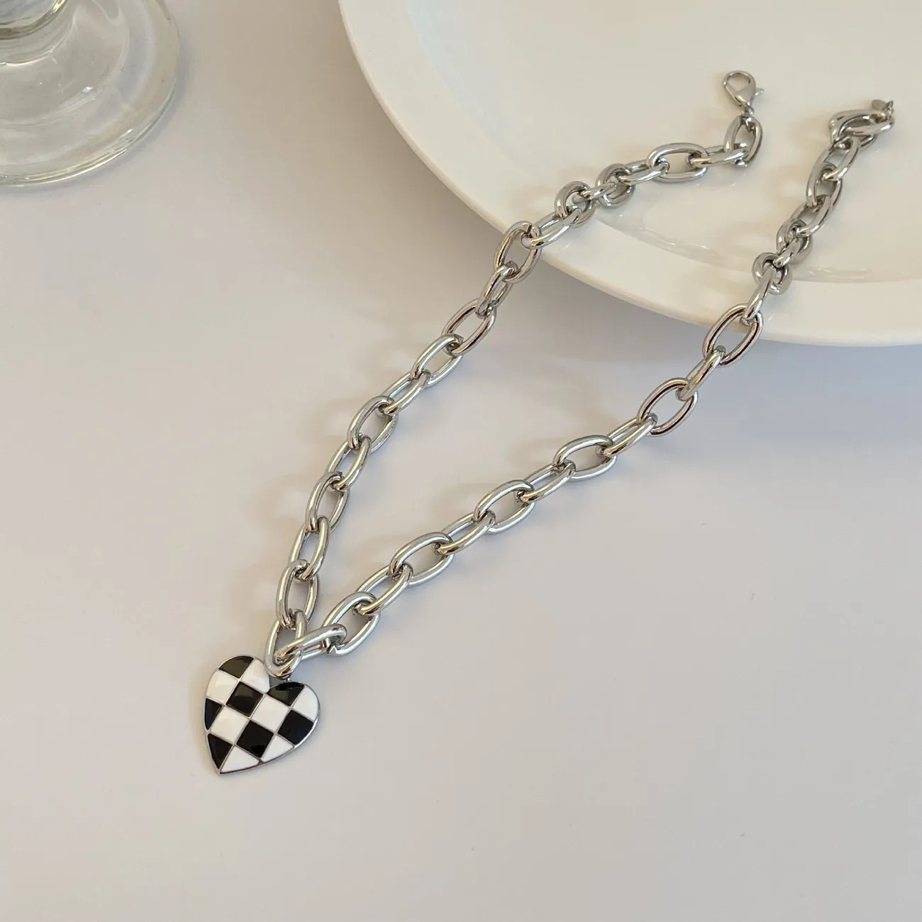 Checkered Black & White Heart Necklace - PinkPro Beauty Supply