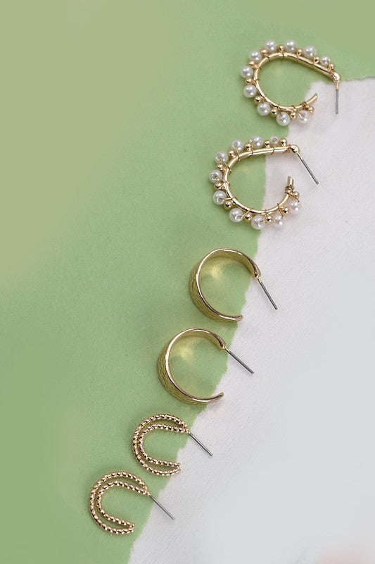 Mini Trio Pearl Hammered Earring Set