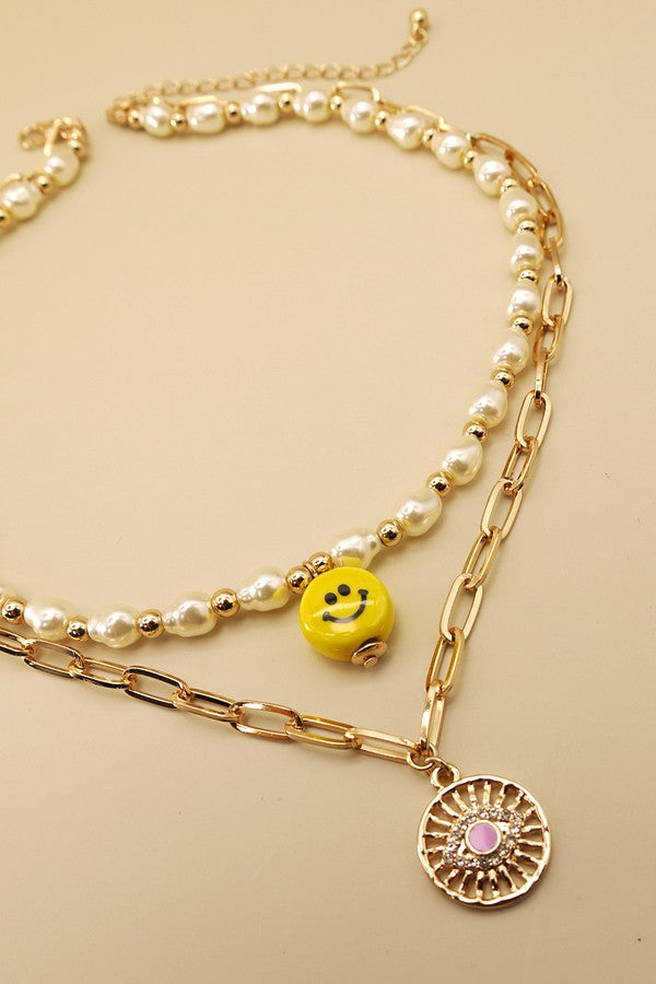 Double Layer Pearl Smiley Necklace