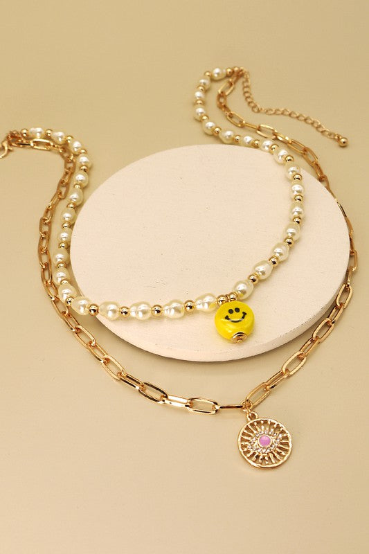 Double Layer Pearl Smiley Necklace