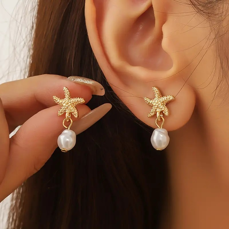 Gold Starfish & Pearl Earrings - PinkPro Beauty Supply