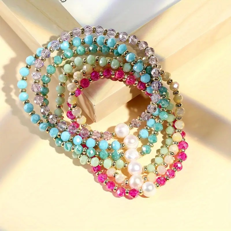 Bracelet Set Colorful Glass Beads - 6 Pieces PinkPro Beauty Supply