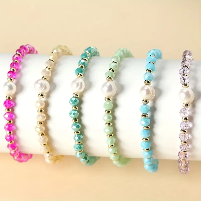 Bracelet Set Colorful Glass Beads - 6 Pieces PinkPro Beauty Supply