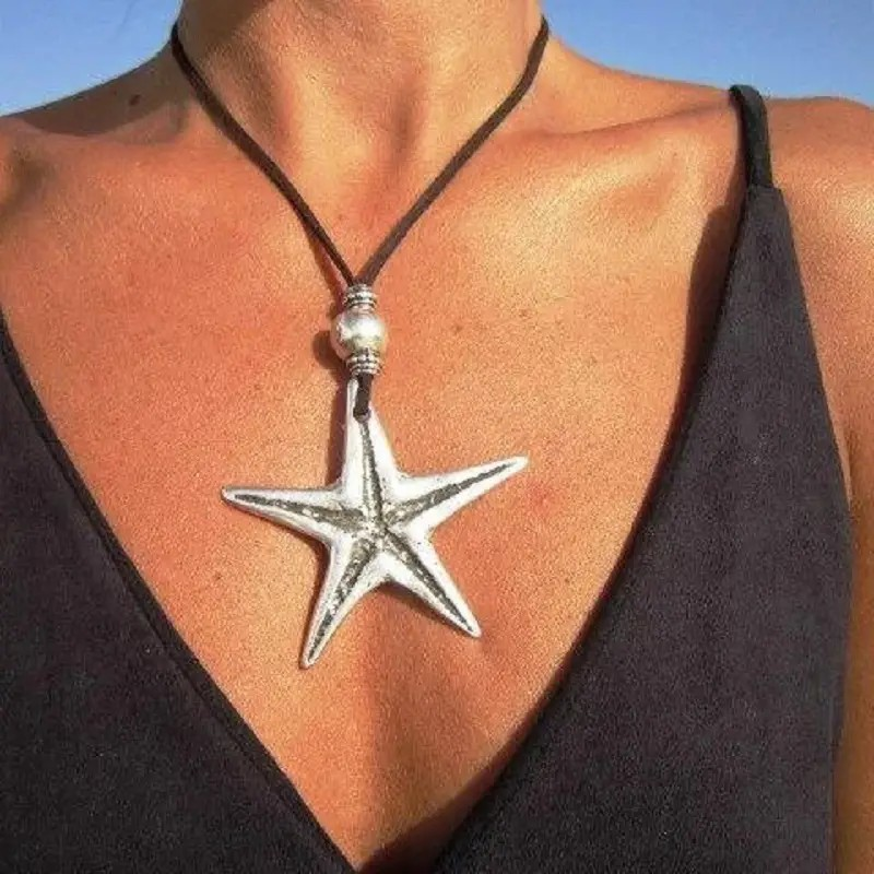 Necklace Starfish Boho Beach Leather - PinkPro Beauty Supply