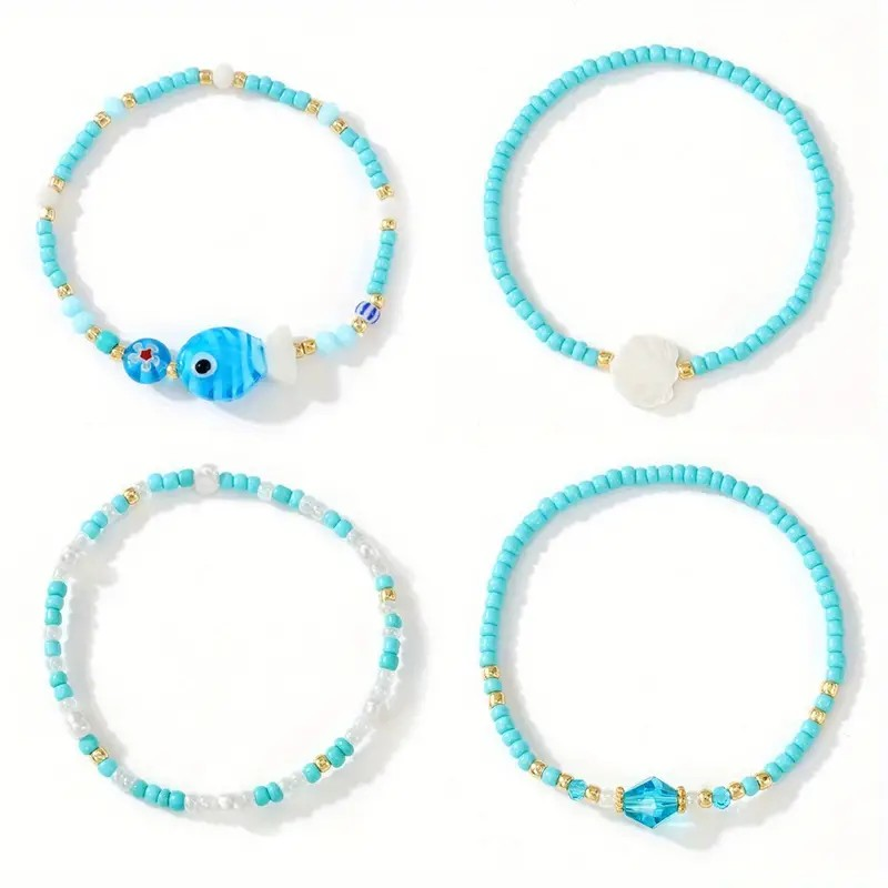 Bracelet Set Shell Charms Blue - 4 Pieces PinkPro Beauty Supply