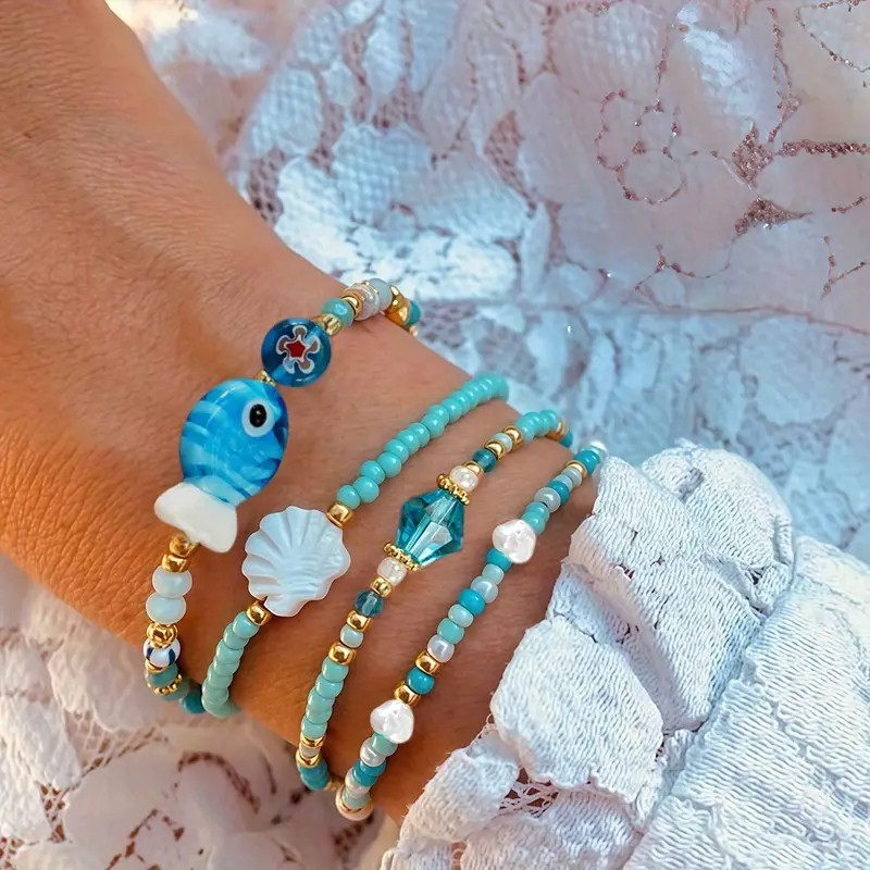Bracelet Set Shell Charms Blue - 4 Pieces PinkPro Beauty Supply