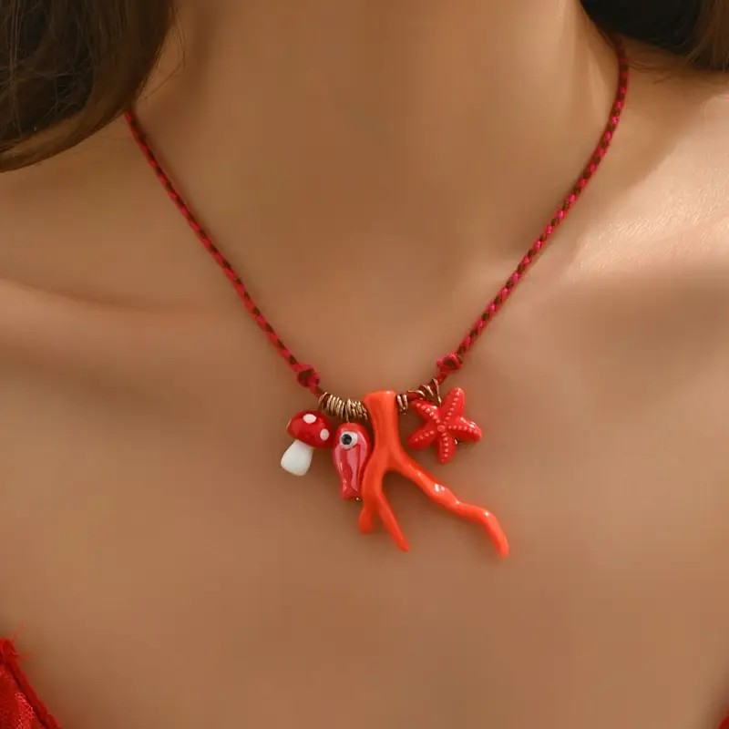 Charm Necklace Fish/Coral/Mushroom - Red PinkPro Beauty Supply