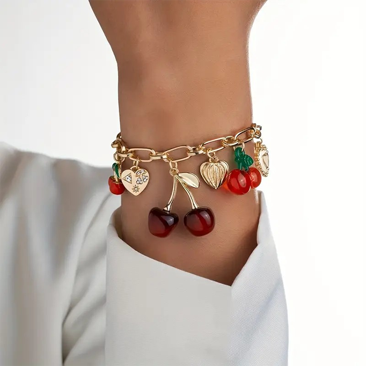 Cherry Heart Bow Golden Charm Barcelet