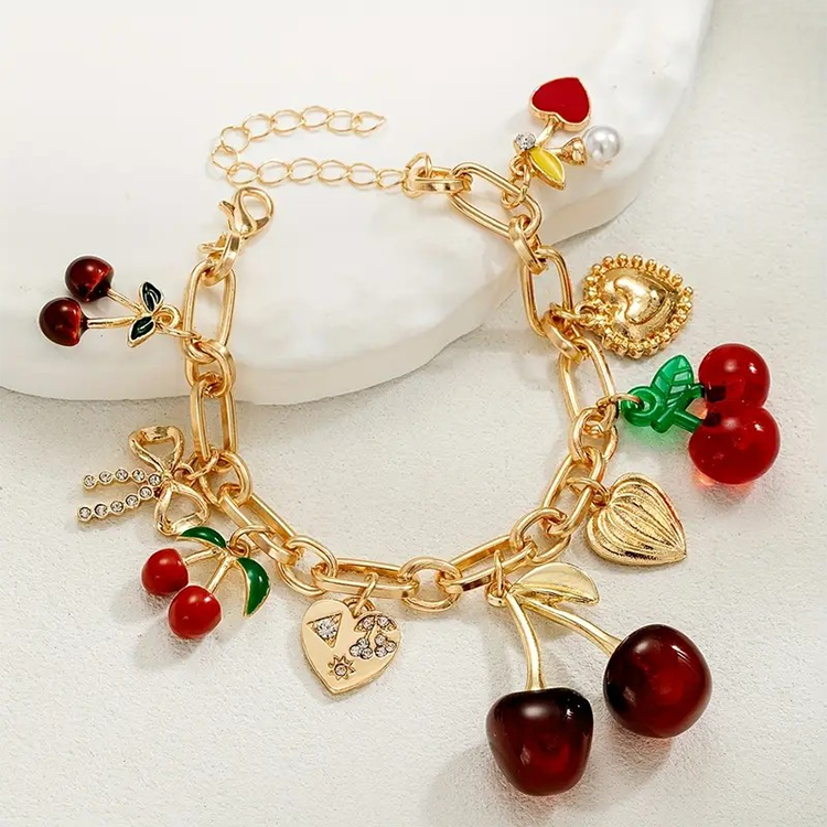 Cherry Heart Bow Golden Charm Barcelet