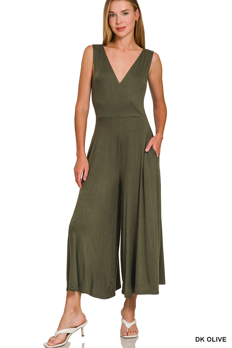 Zenana Sleeveless Surplice Jumpsuit - Dark Olive