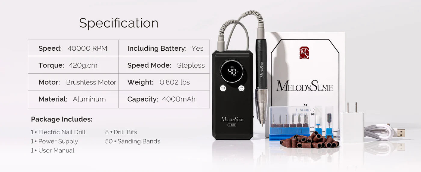 MelodySusie MB420G Rechargeable Nail Drill 40000RPM - Black - PinkPro Beauty Supply