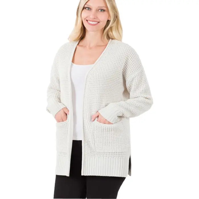 Bone Waffle Weave Open Cardigan - PinkPro Beauty Supply