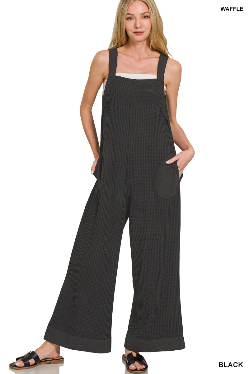Zenana Overalls Waffle Kint Wide Leg - Black - PinkPro Beauty Supply