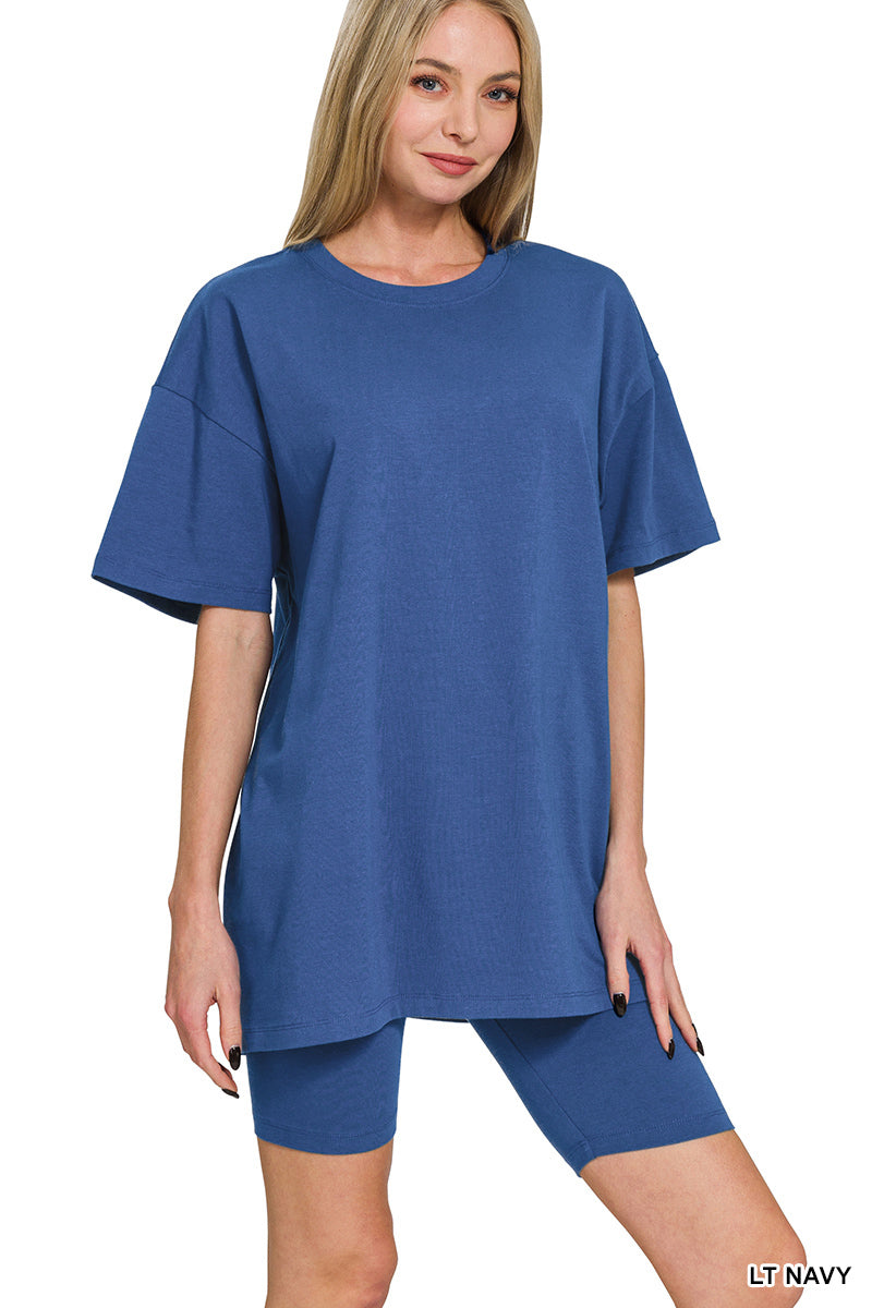 Zenana Cotton Apparel Set Round-Neck Top & Shorts - Light Navy Zenana