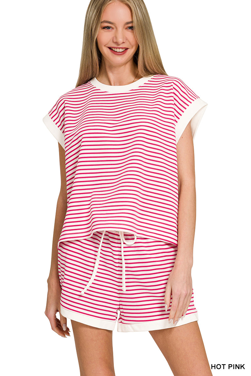 Zenana Apparel Set Top & Shorts Striped Round Neck Coral - PinkPro