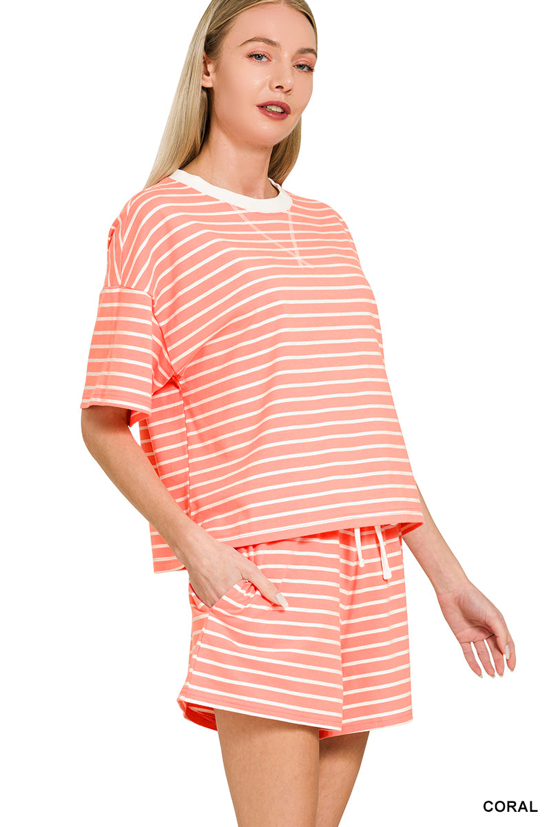 Zenana Apparel Set Top & Shorts Striped Round Neck Coral