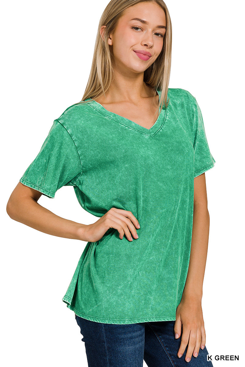 Zenana Acid Wash Top Short Sleeve V-Neck - Kelly Green - PinkPro Beauty Supply