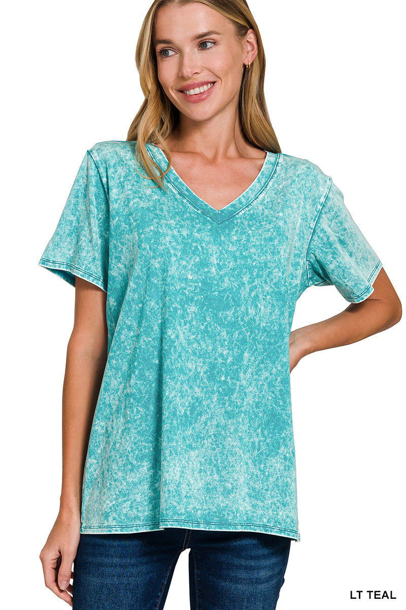Zenana Acid Wash Top Short Sleeve V-Neck - Teal - PinkPro Beauty Supply