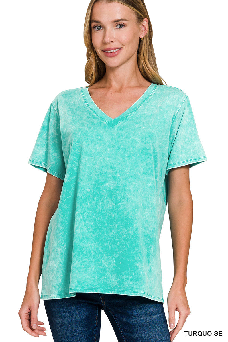 Zenana Acid Wash Top Short Sleeve V-Neck - Turquoise * Zenana