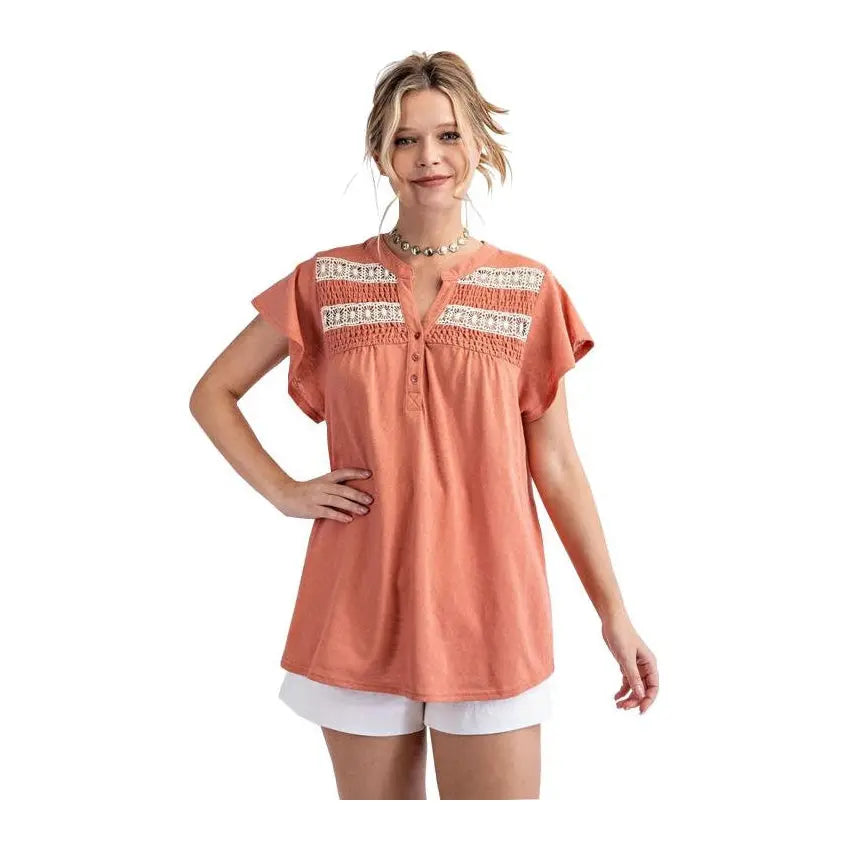 Easel Smocked Crochet Top Coral Easel