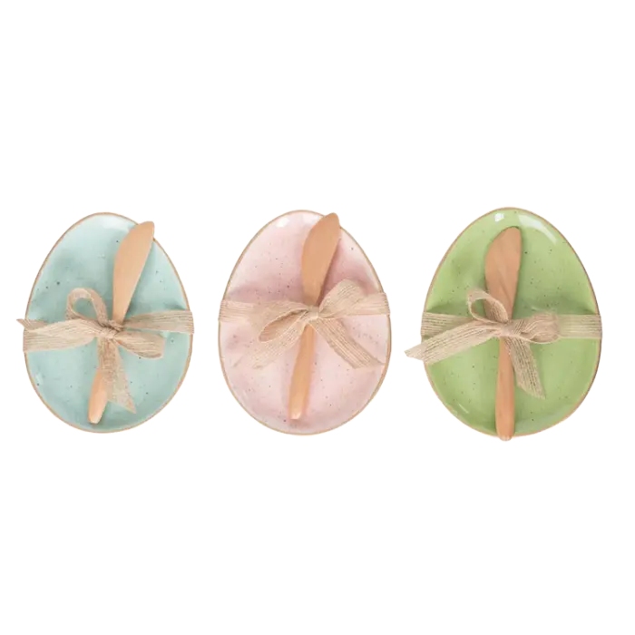 Gift Egg Shape Plates with Wooden Spreader - Easter Cottage Gift