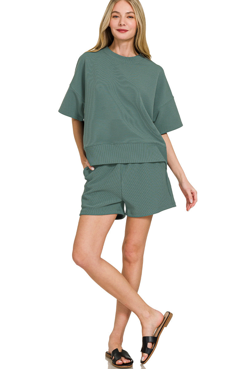 Ribbed Short Sleeve Top & Shorts Set - Ash Jade PinkPro Beauty Supply