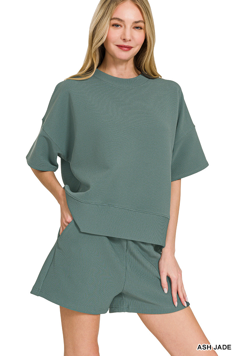 Zenana Ribbed Short Sleeve Top & Shorts Set - Ash Jade - PinkPro