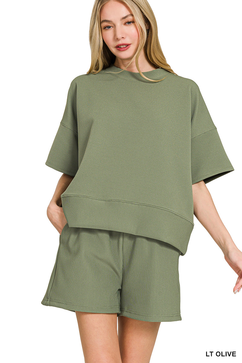 Ribbed Short Sleeve Top & Shorts Set - Olive PinkPro Beauty Supply