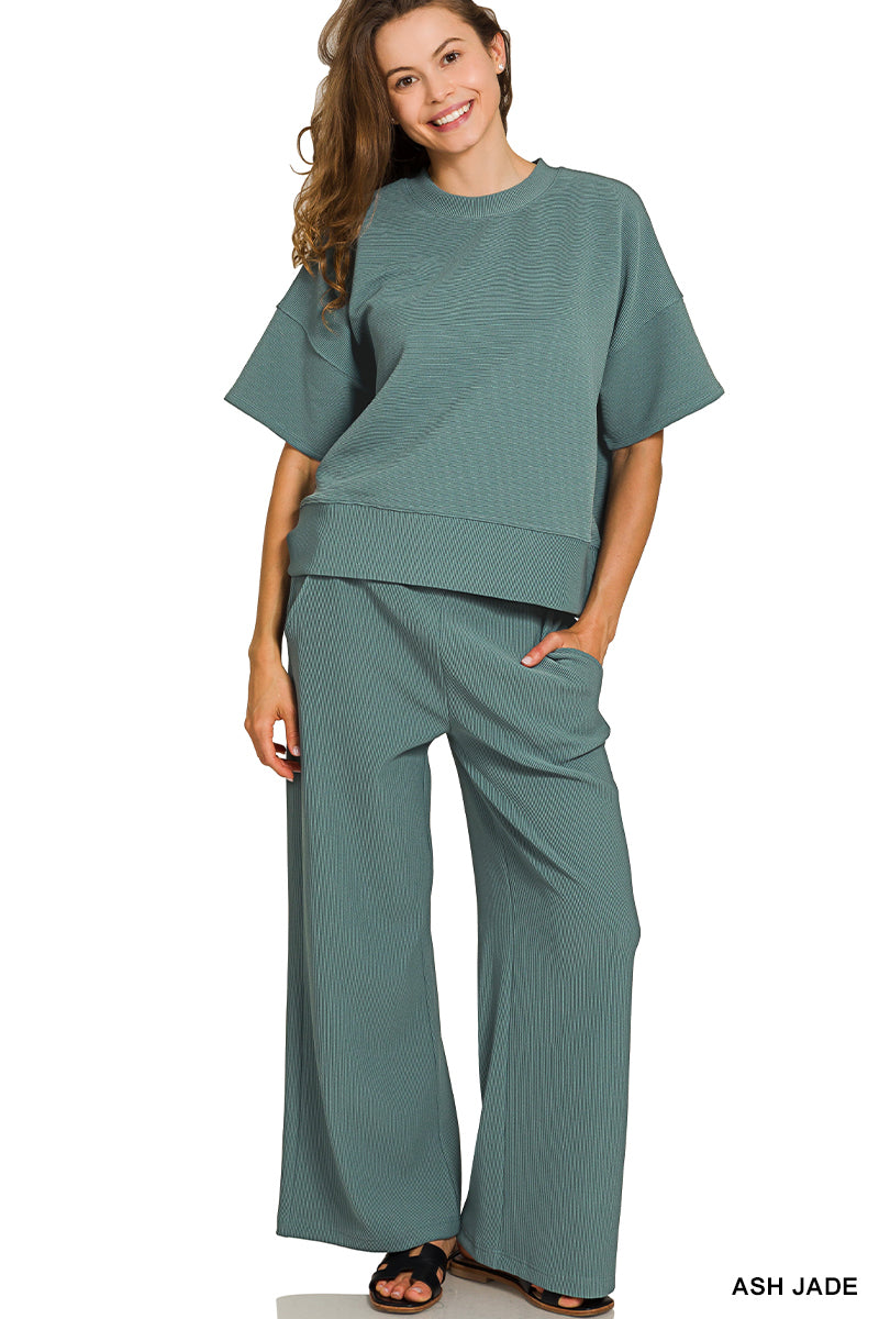 Zenana Ribbed Round Neck Tee & Pants Set - Ash Jade
