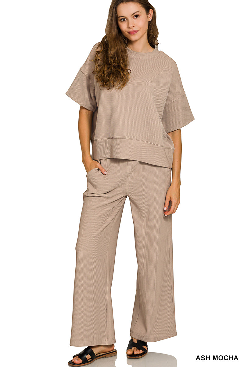 Zenana Ribbed Round Neck Tee & Pants Set - Ash Mocha