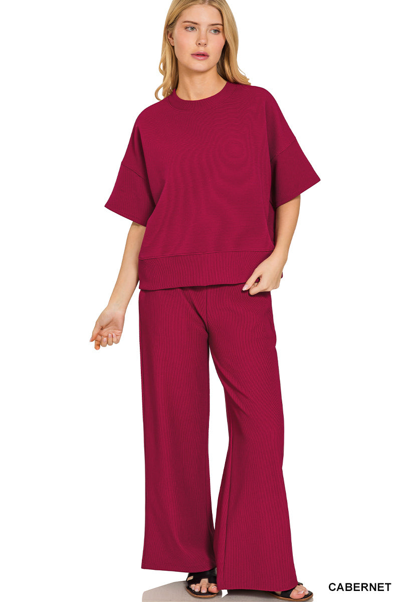 Zenana Ribbed Round Neck Tee & Pants Set -  Cabernet