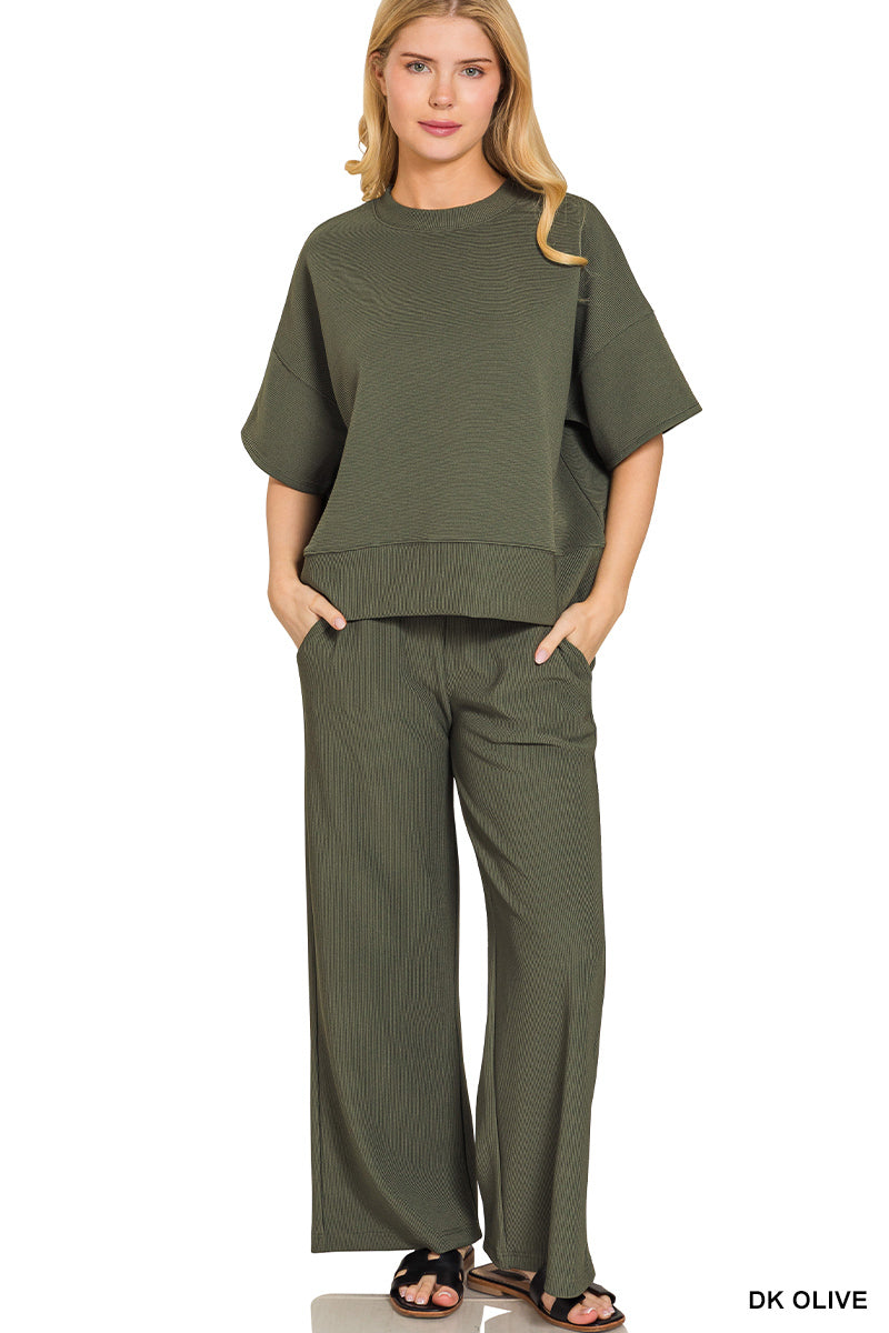 Zenana Ribbed Round Neck Tee & Pants Set - Dark Olive