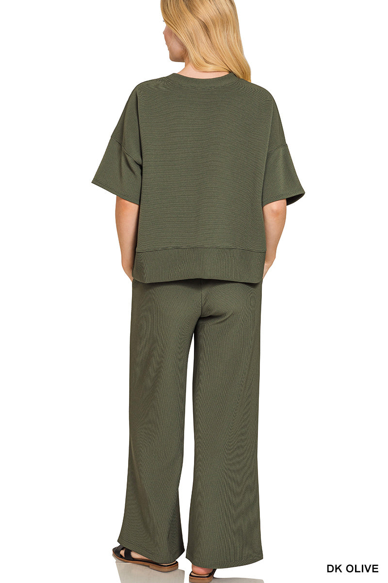 Zenana Ribbed Round Neck Tee & Pants Set - Dark Olive