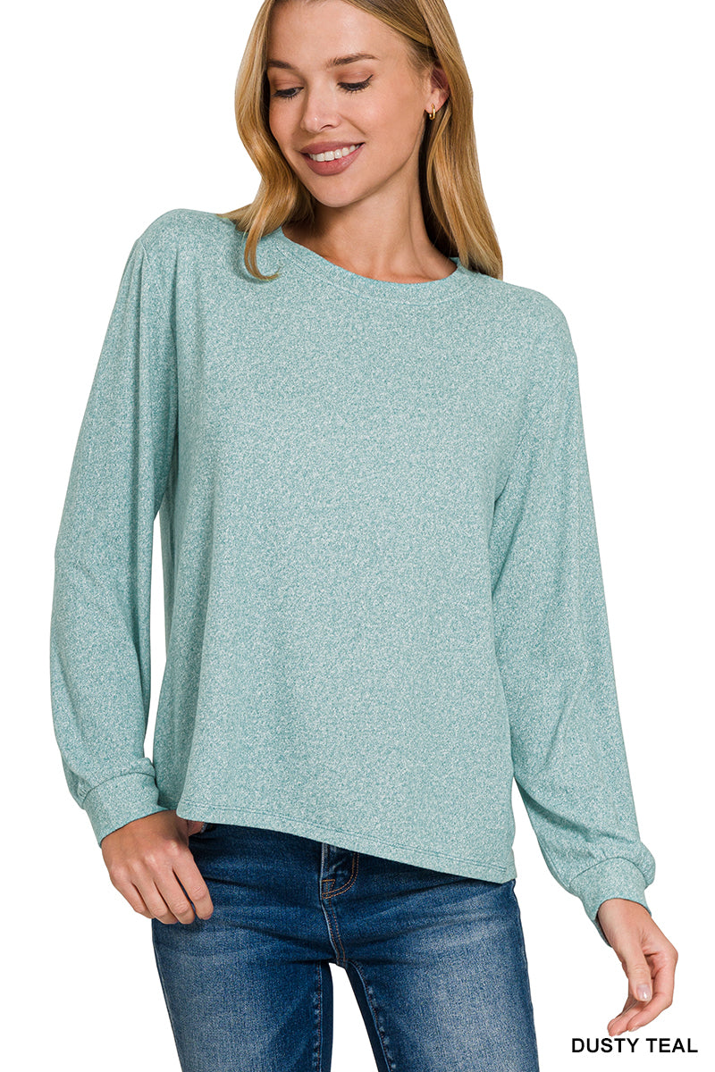Zenana Long Sleeve Soft Mélange Hacci Top - Dusty Teal - PinkPro Beauty Supply