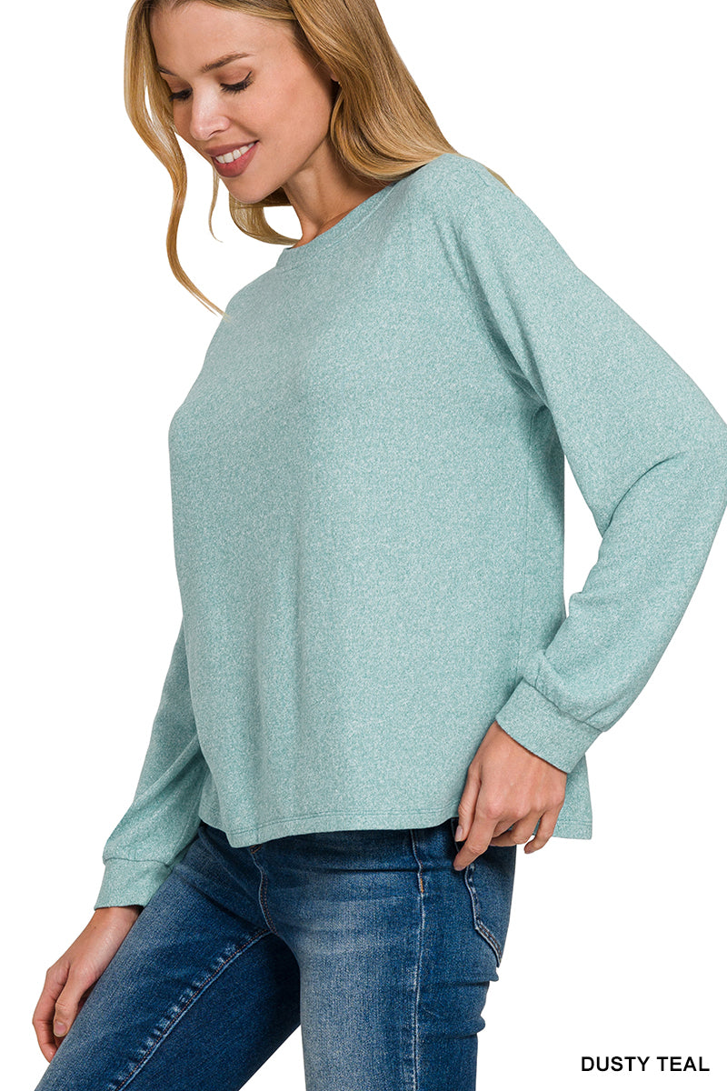 Zenana Long Sleeve Soft Mélange Hacci Top - Dusty Teal - PinkPro Beauty Supply