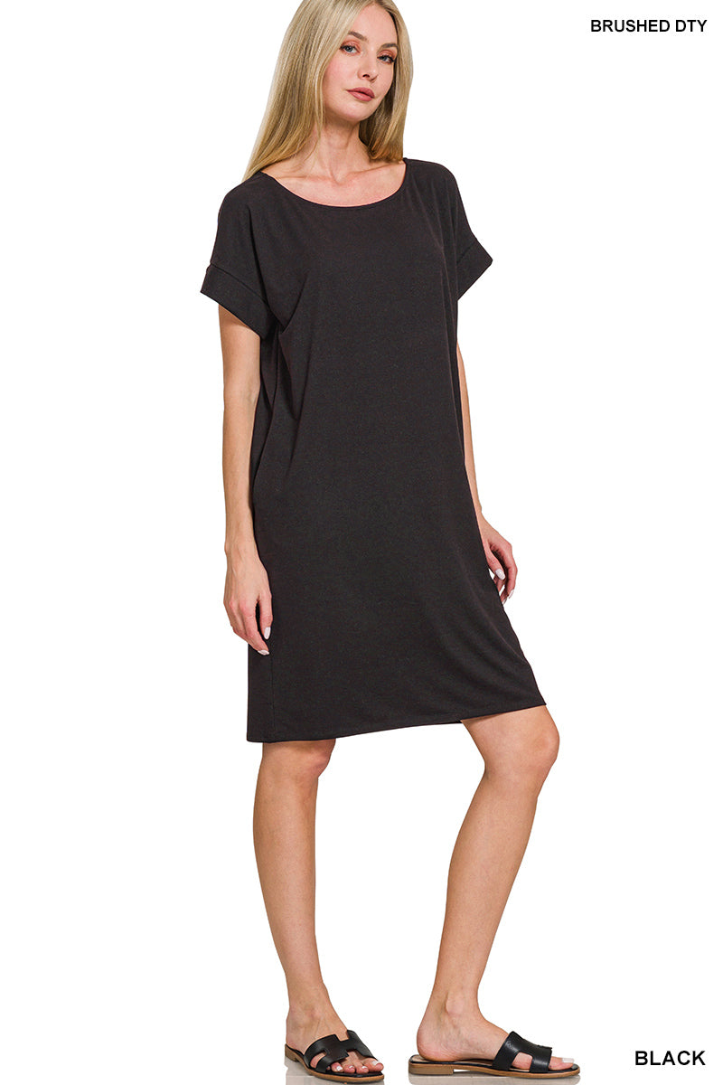 Zenana  Rolled Short Sleeve Dress Round Neck - Black - PinkPro Beauty Supply