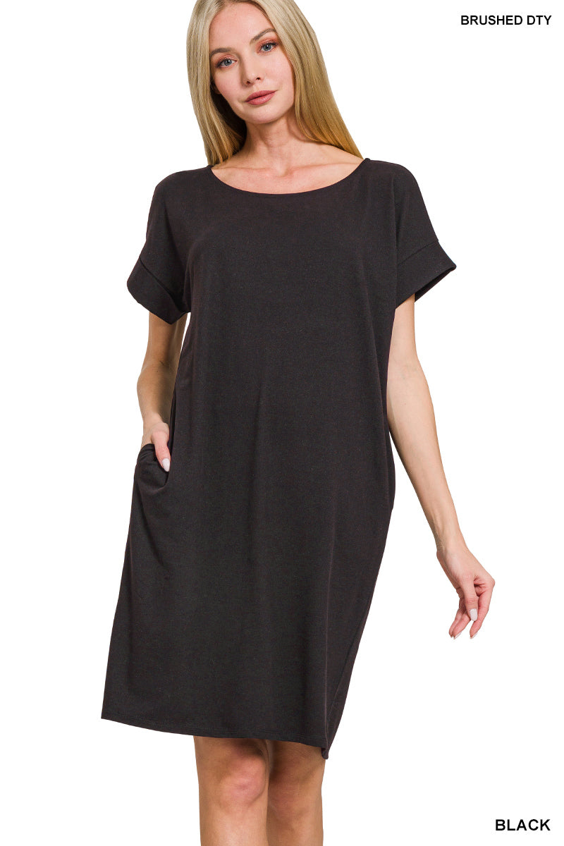 Zenana  Rolled Short Sleeve Dress Round Neck - Black - PinkPro Beauty Supply
