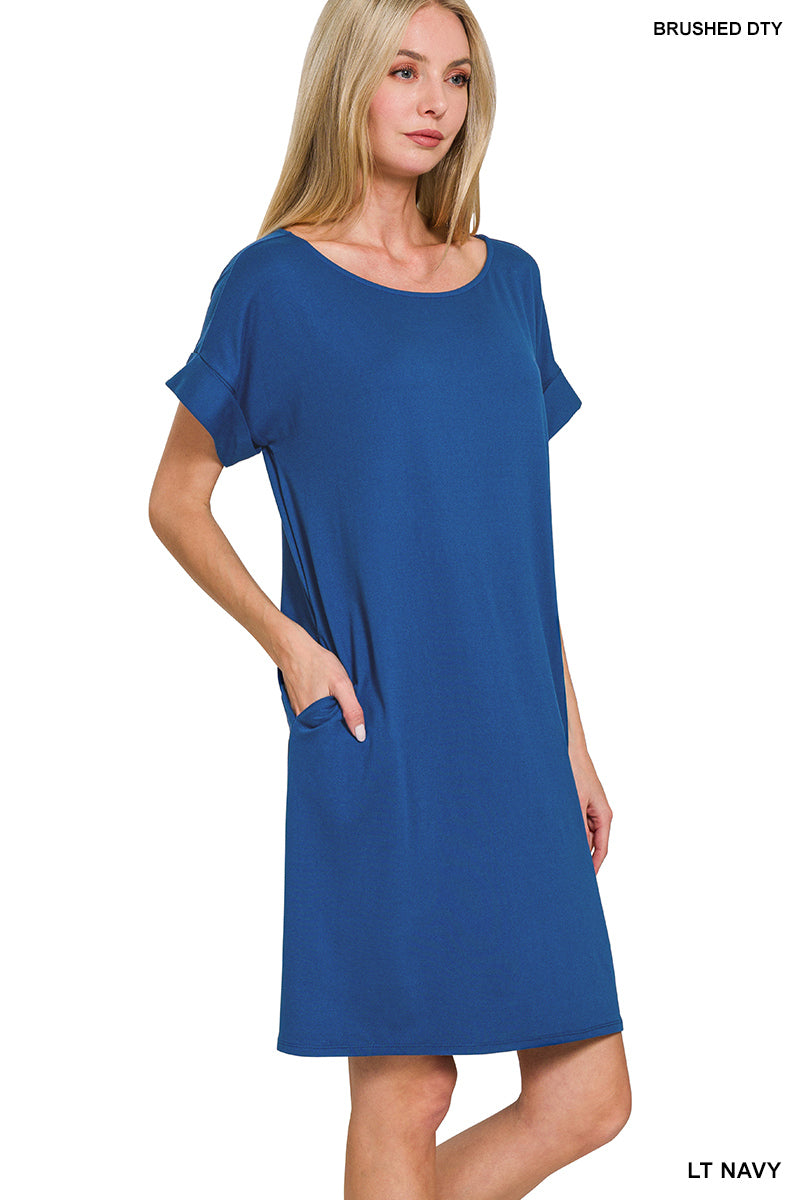 Rolled Short Sleeve Dress Round Neck - Light Navy PinkPro Beauty Supply
