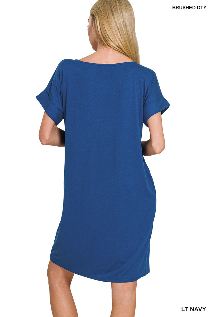 Rolled Short Sleeve Dress Round Neck - Light Navy PinkPro Beauty Supply