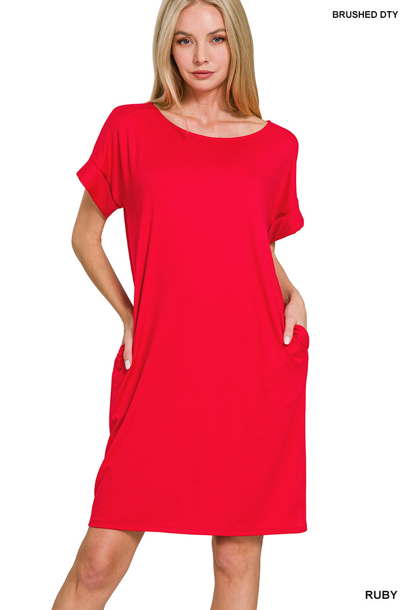 Rolled Short Sleeve Dress Round Neck - Ruby PinkPro Beauty Supply