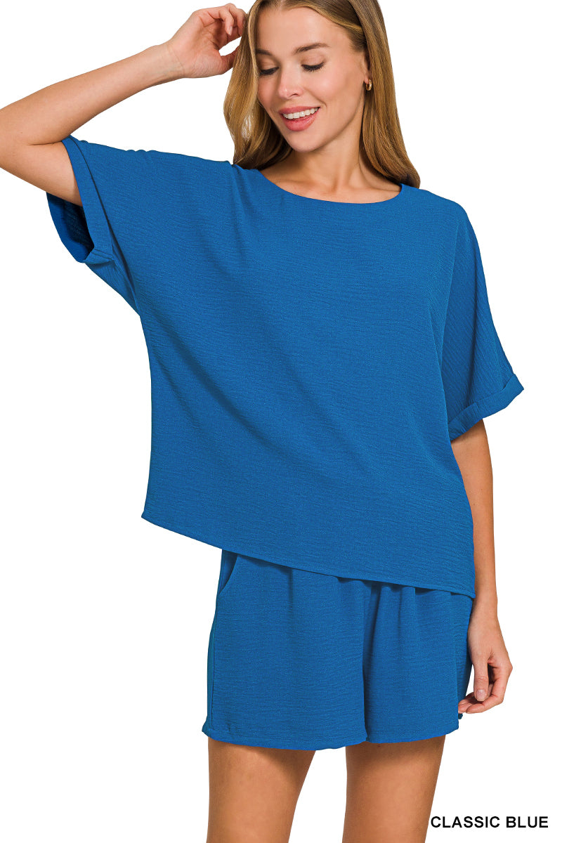 Zenana Airflow Short Sleeve Top & Shorts Set - Classic Blue - PinkPro Beauty Supply