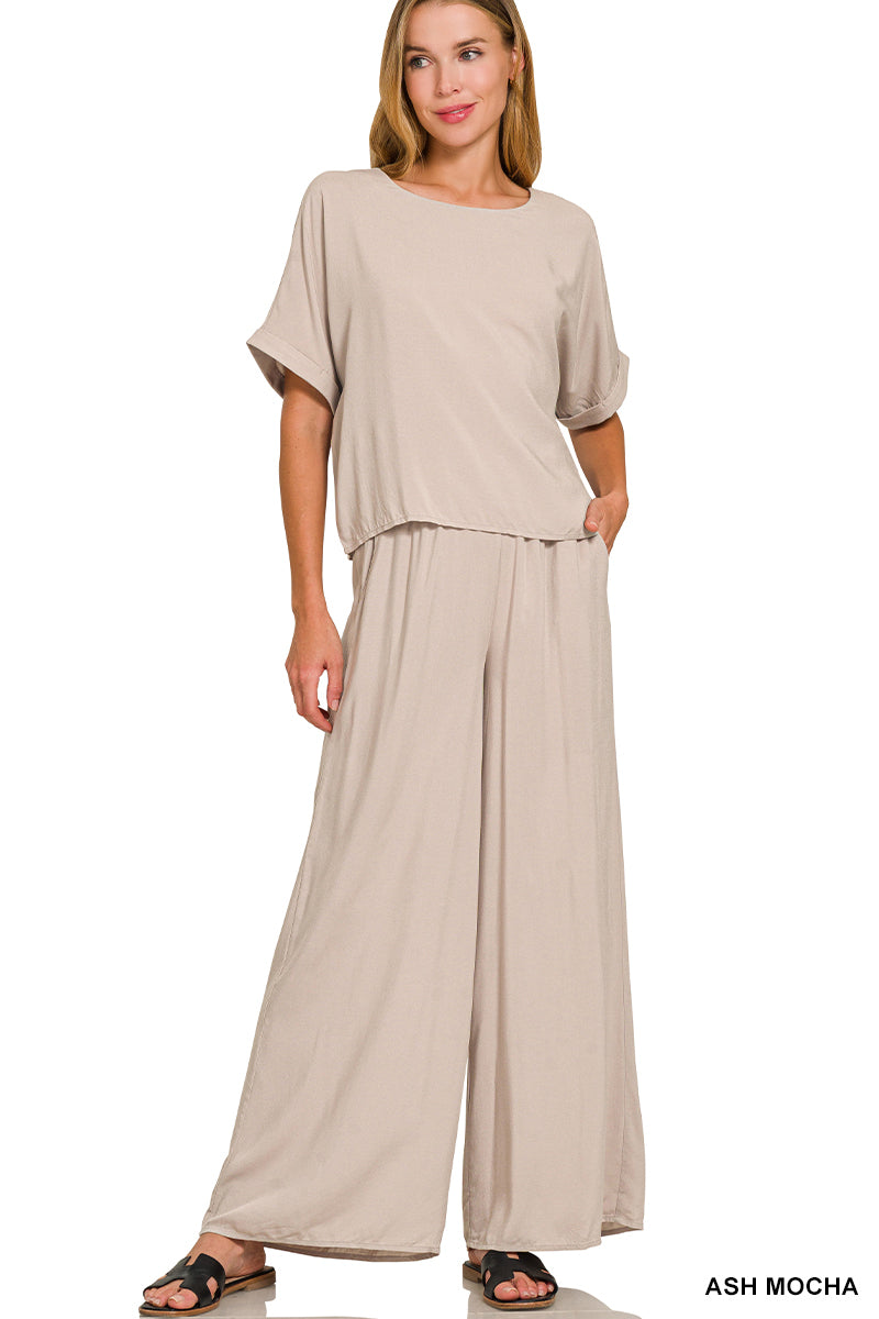 Zenana Apparel Set Woven Short Sleeve & Pants - Ash Mocha - PinkPro Beauty Supply