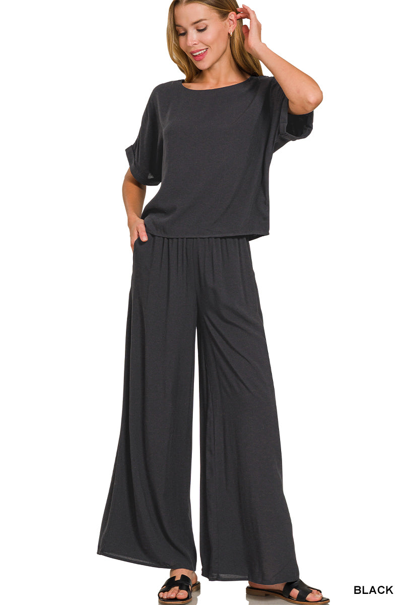Zenana Apparel Set Woven Short Sleeve & Pants - Black - PinkPro Beauty Supply
