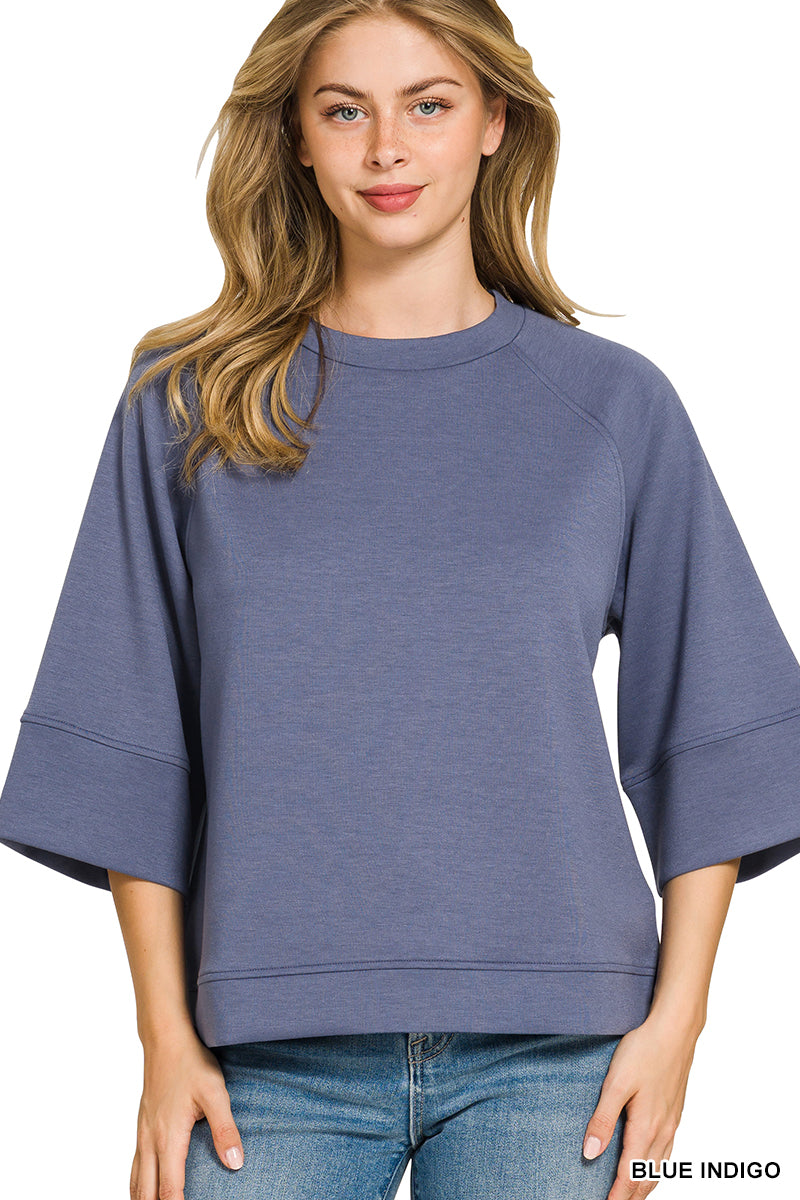 Zenana Size Pullover 3/4 Sleeve Scuba - Blue Indigo