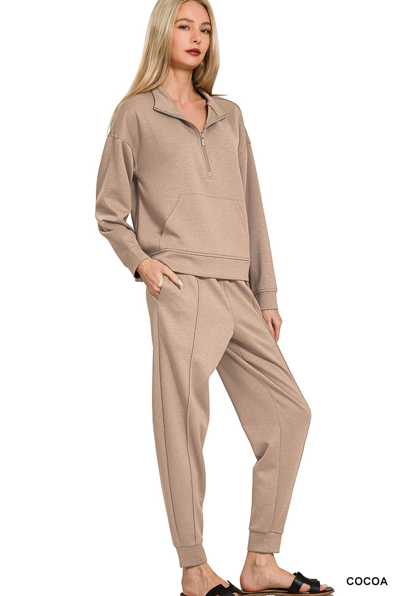 Zenana Half Zip Sweatshirt & Joggers Apparel Set Cocoa