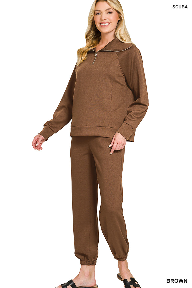 Zenana Scuba Half Zip Sweatshirt & Joggers Set Brown