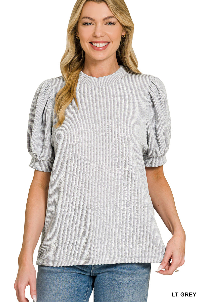 Zenana Top Raised Rib Puff Sleeve Light Grey
