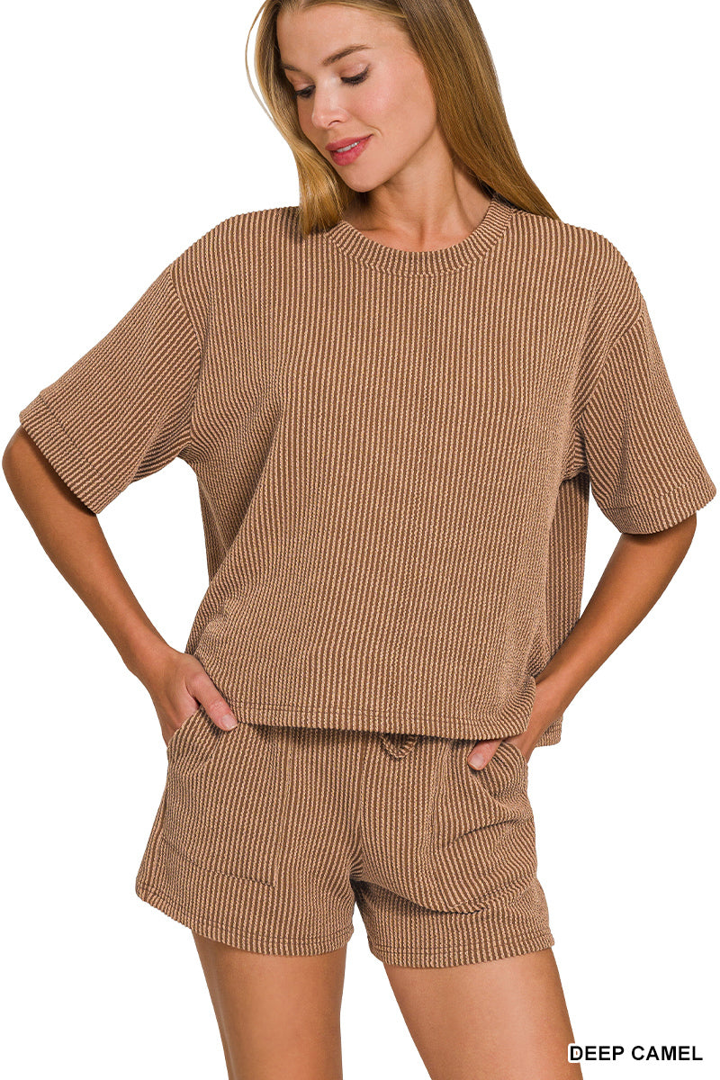 Zenana Corded Rib Tee & Shorts Set Camel