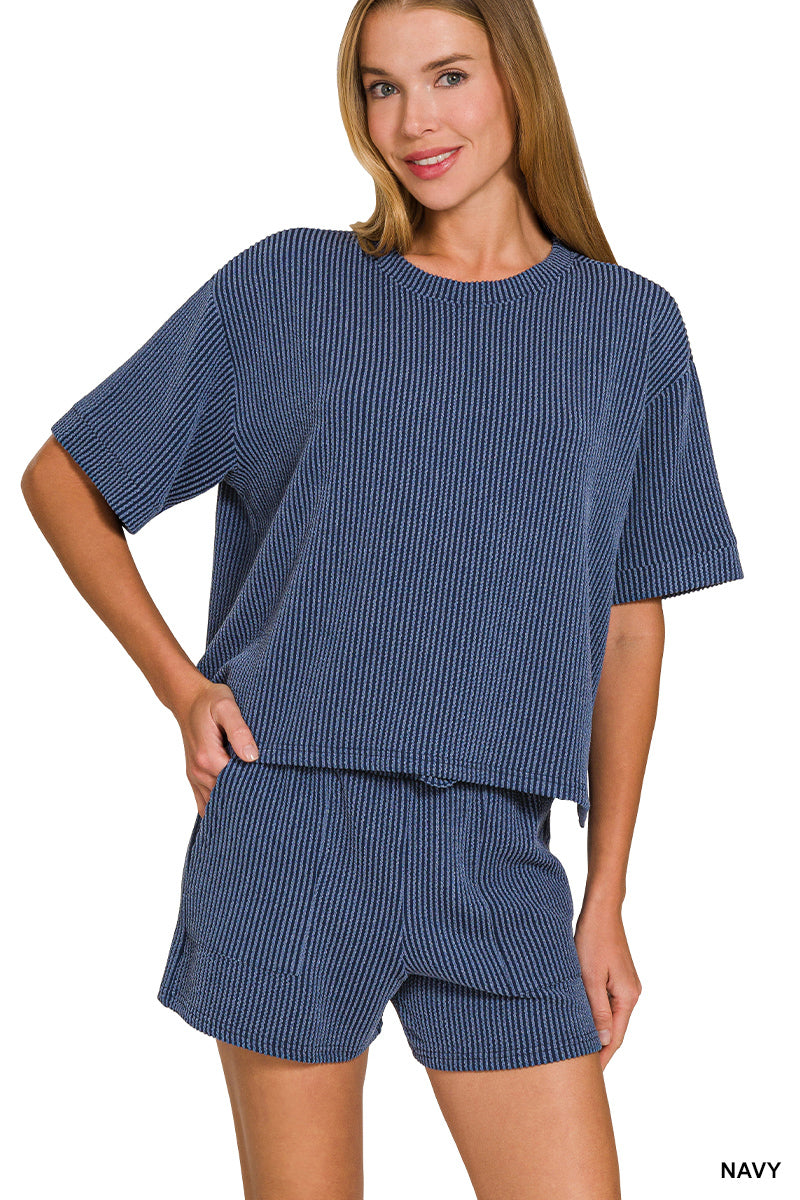 Zenana Corded Rib Tee & Shorts Set Navy
