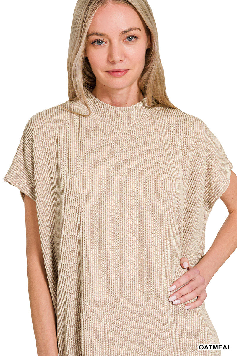 Zenana Raised Rib Mock-Neck Tee & Pants Set Oatmeal